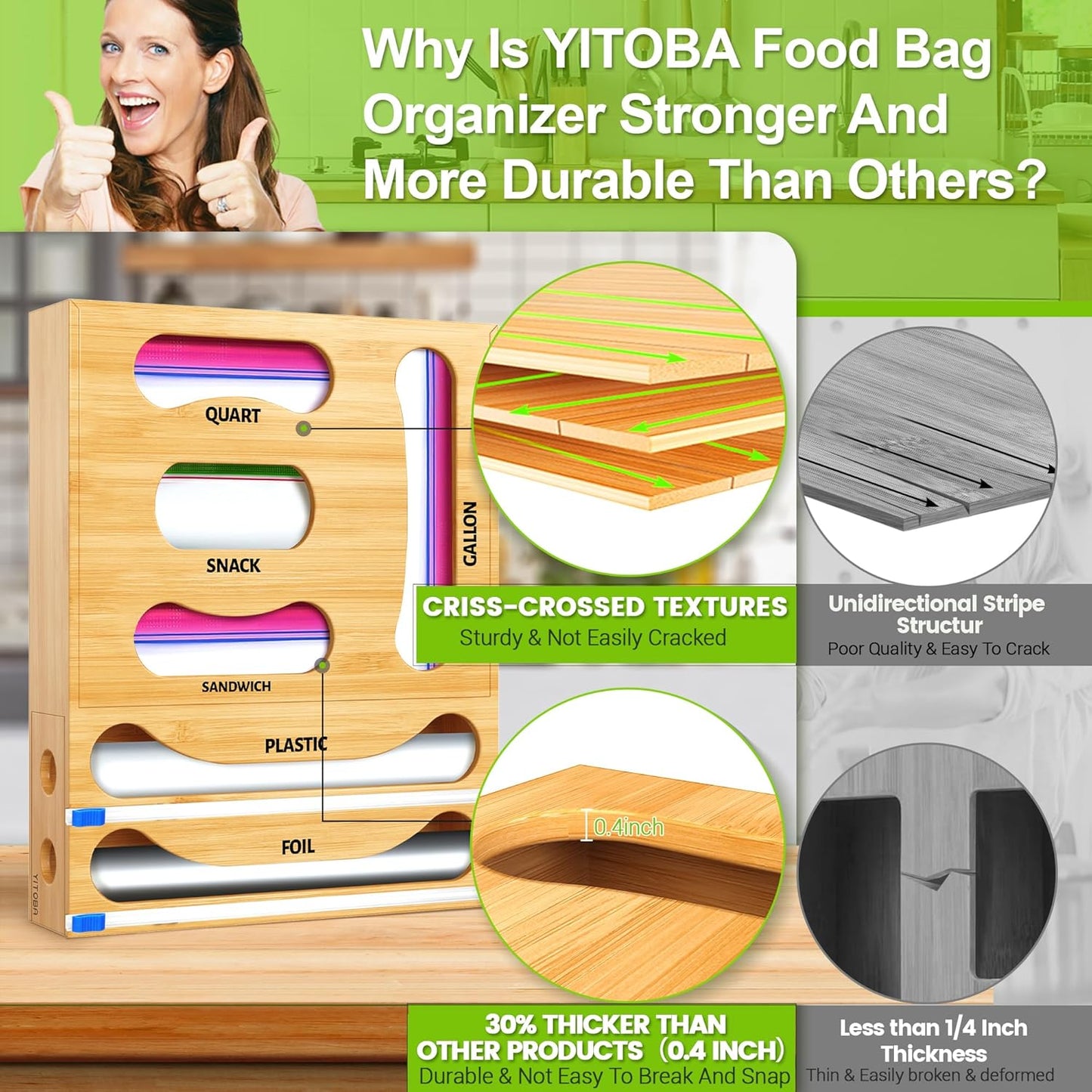 Thicker Bag Storage Organizer, Bamboo Baggie Holder With Aluminum Foil Dispenser
