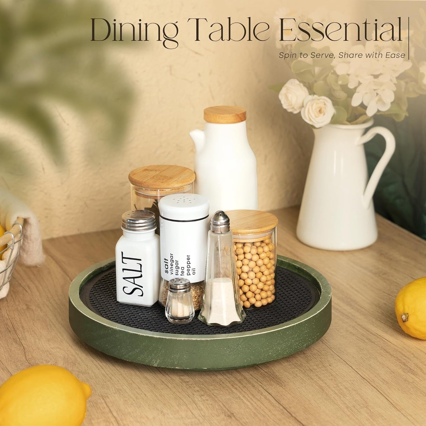 Pine Wood Non-Skid Lazy Susan for Table Top – 10.5" Lazy Susan Turntable for Cabinet