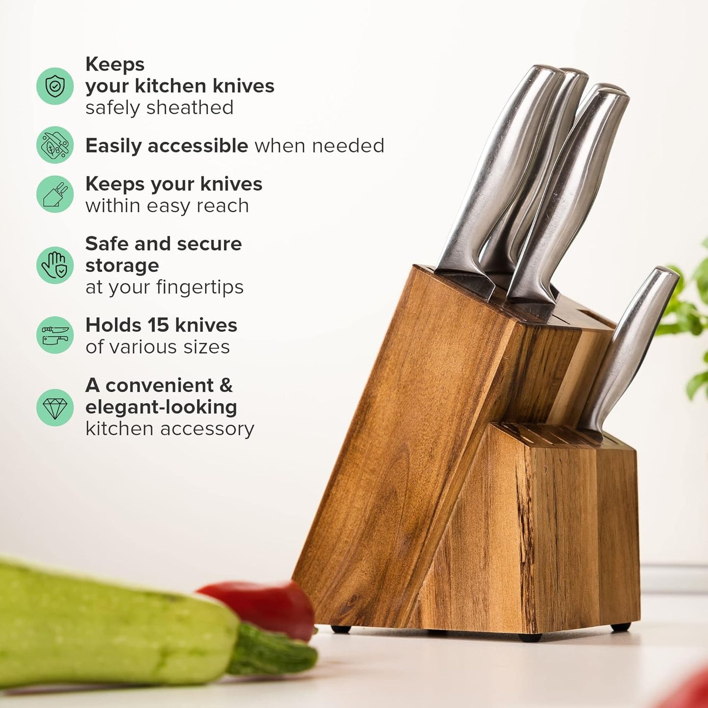 Acacia Wood Kitchen Knife Block - 15 Slots Knife Holder