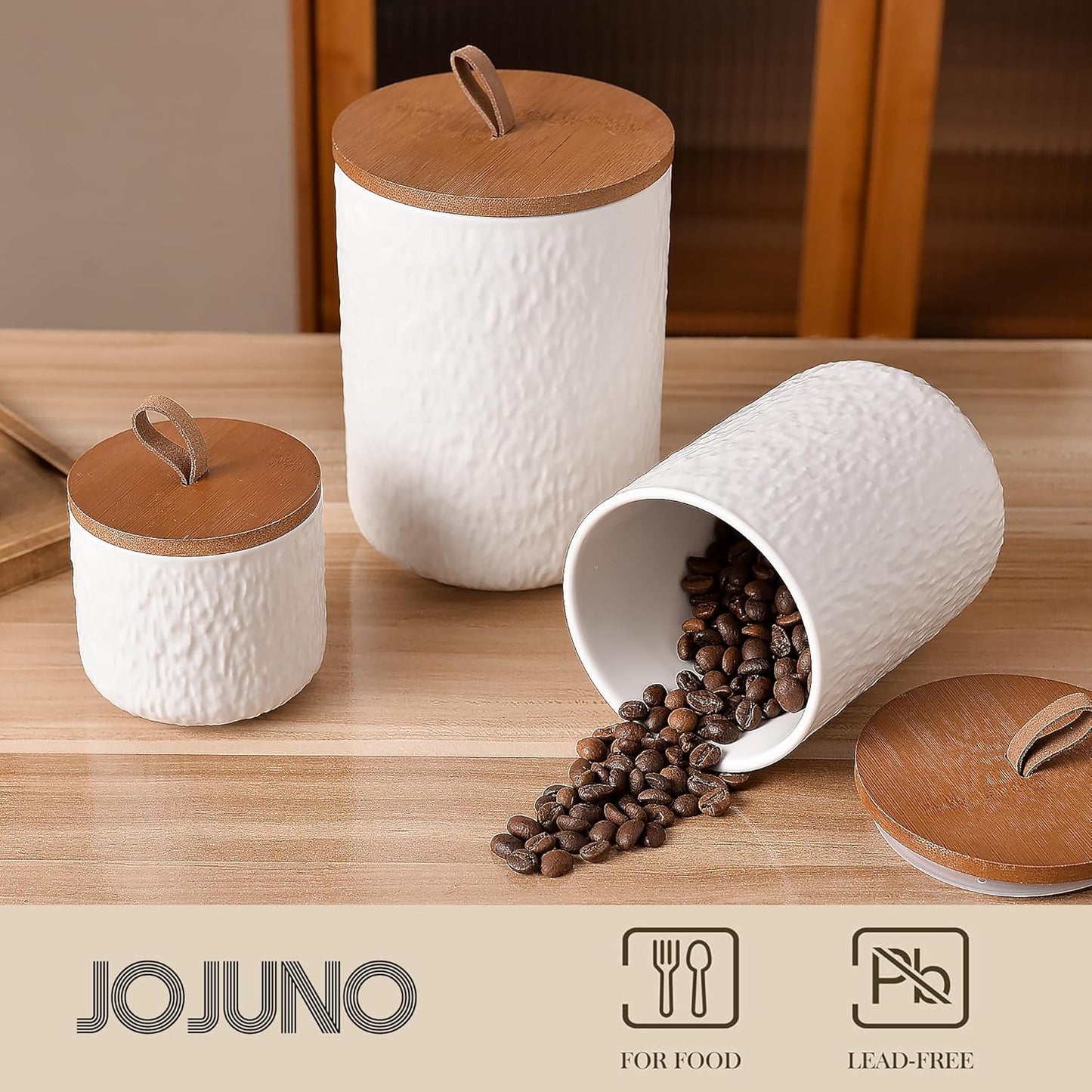 White Ceramic Canister Set with Wooden Lid