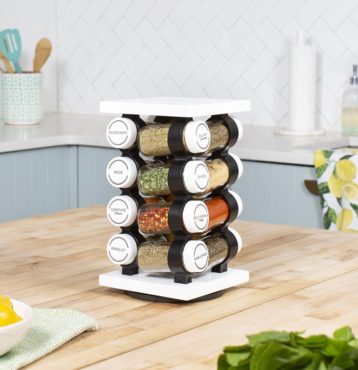 16 Jar Rotating White Spice Rack with Spices Included & 5-Year Spice Refill Program – Compact Countertop Spice Rack with Glass Jars