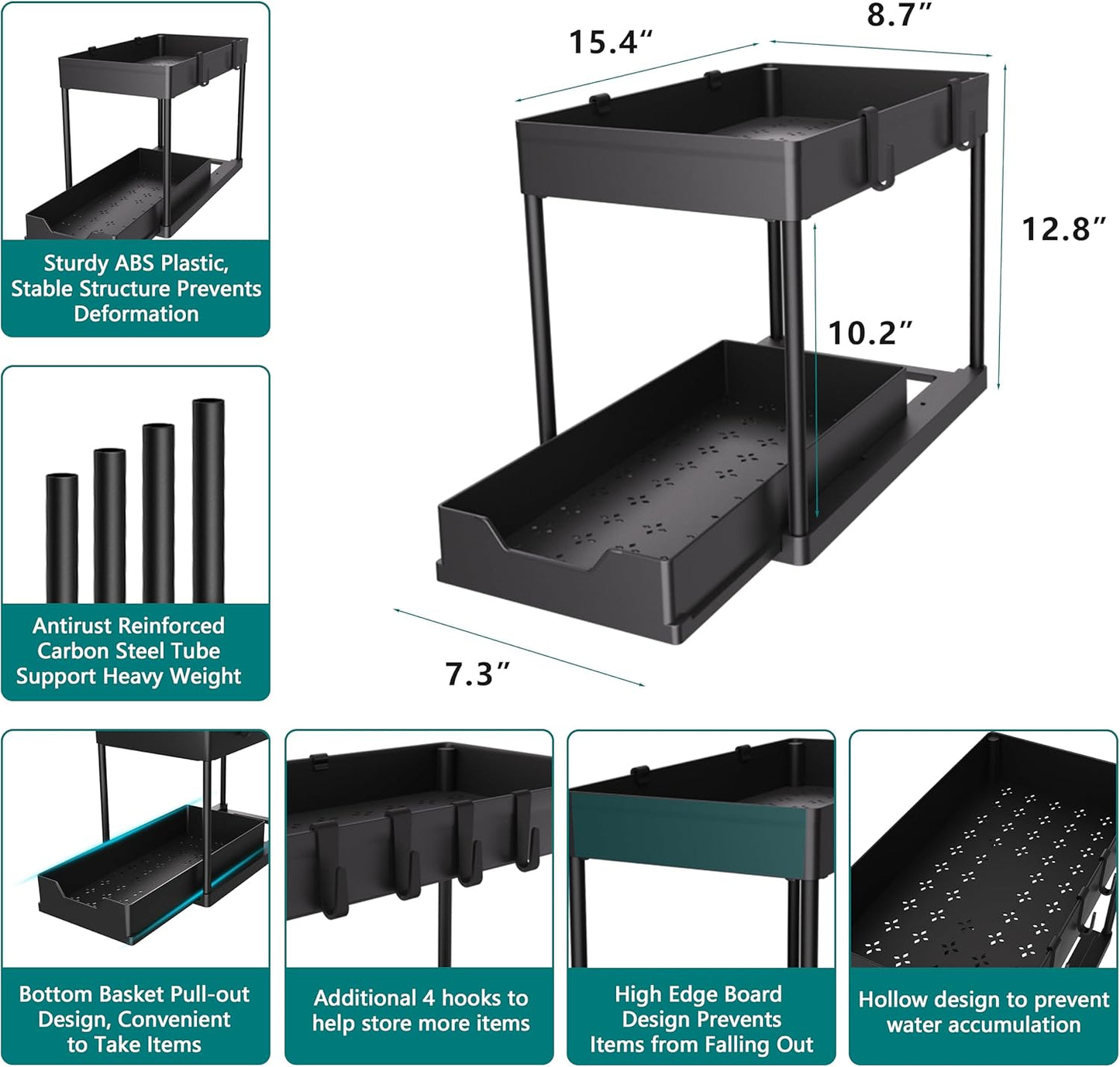 2 Pack Under Sink Organizer, 2 Tier Bathroom Cabinet Organizer with Sliding Basket