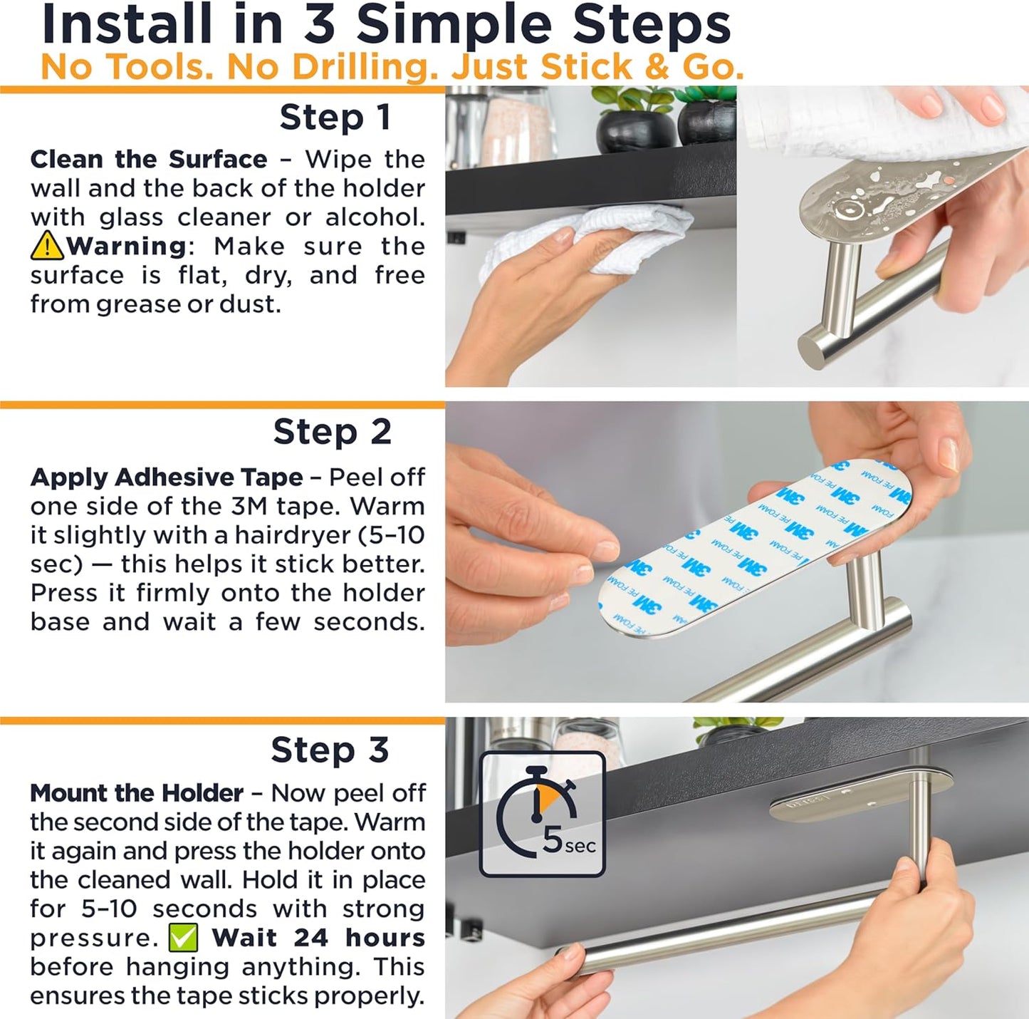 Pro Paper Towel Holder – Under Cabinet, Wall Mount, or Countertop – Rust-Resistant Stainless Steel