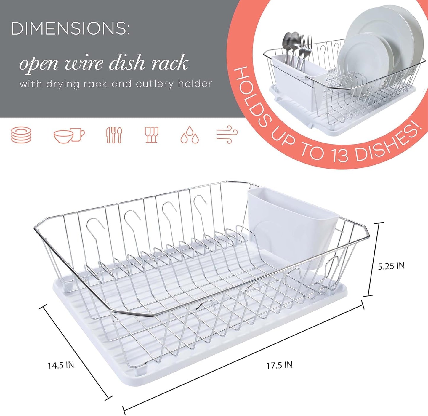 3 Piece Dish Rack | Drying Rack, Cutlery Basket & Drainboard Tray | Countertop | Self Draining | Open Wire Design | Chrome | White