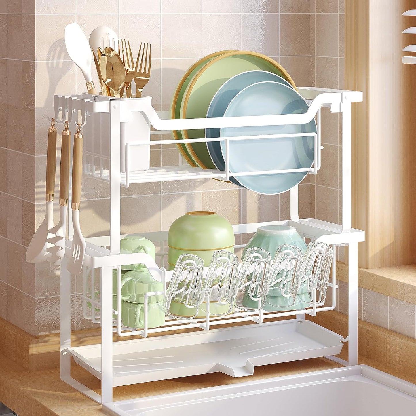 Dish Rack with Drainboard, Organizes Dishes and Bathroom Items for Narrow Spaces