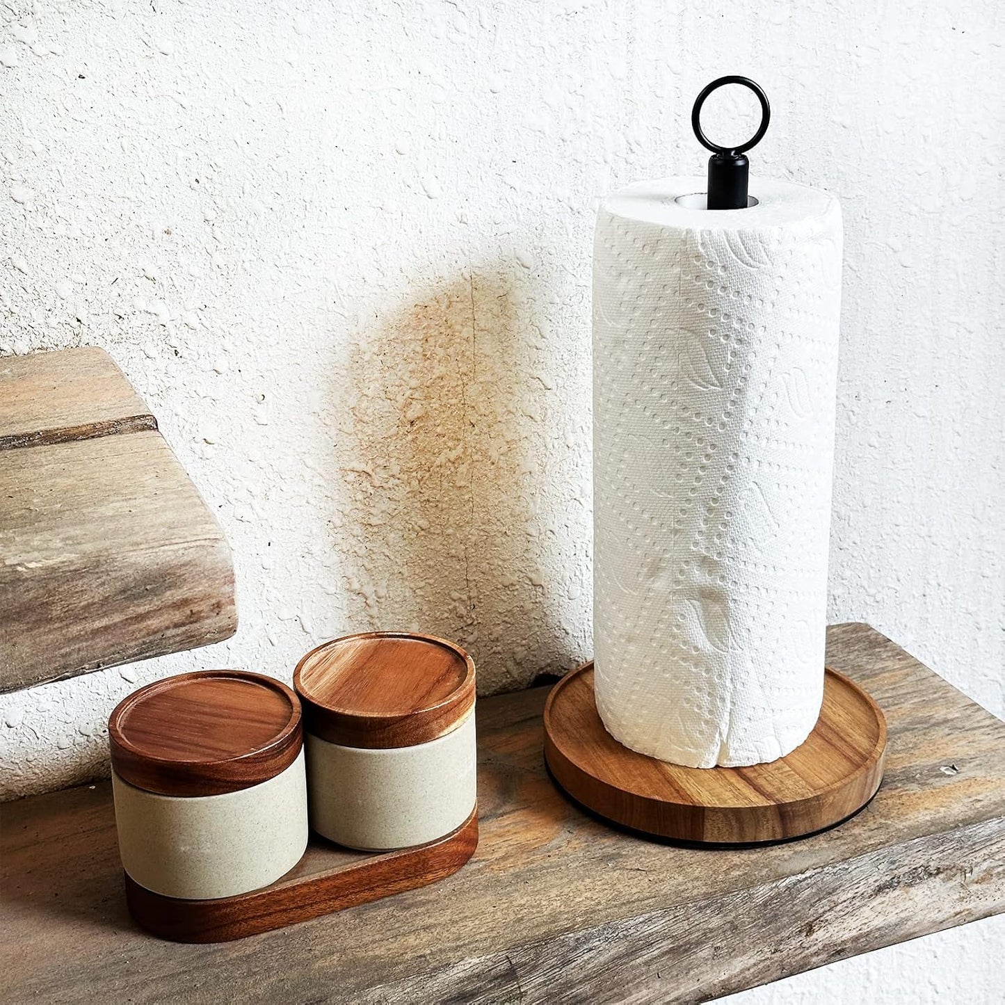Paper Towel Holder Countertop, Solid Acacia Wood with Thick Metal Base