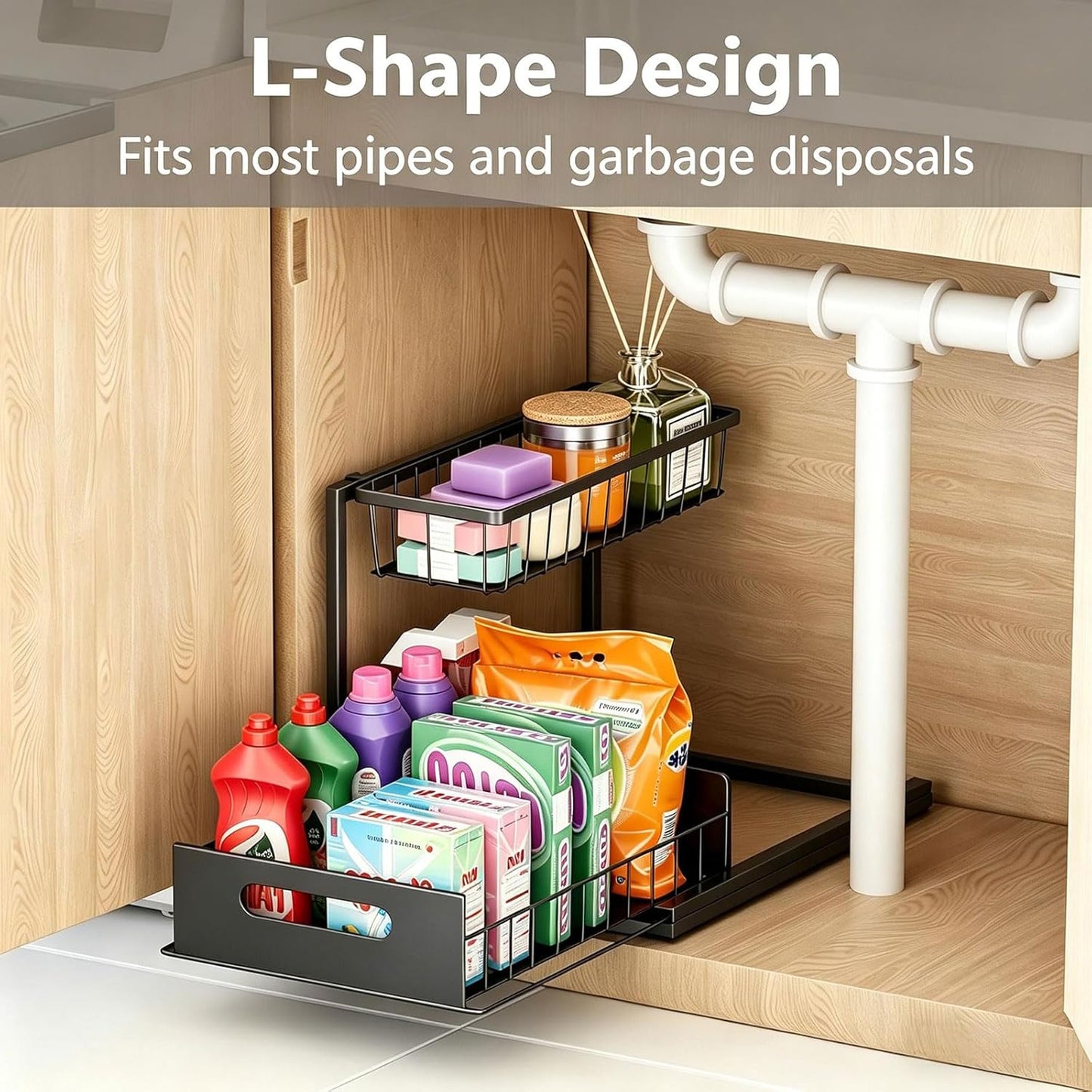 Under Sink Organizers and Storage 2 Tier Slide Out Kitchen Cabinet Organizer Sturdy Metal Bathroom Storage (Black, 1 Pack)