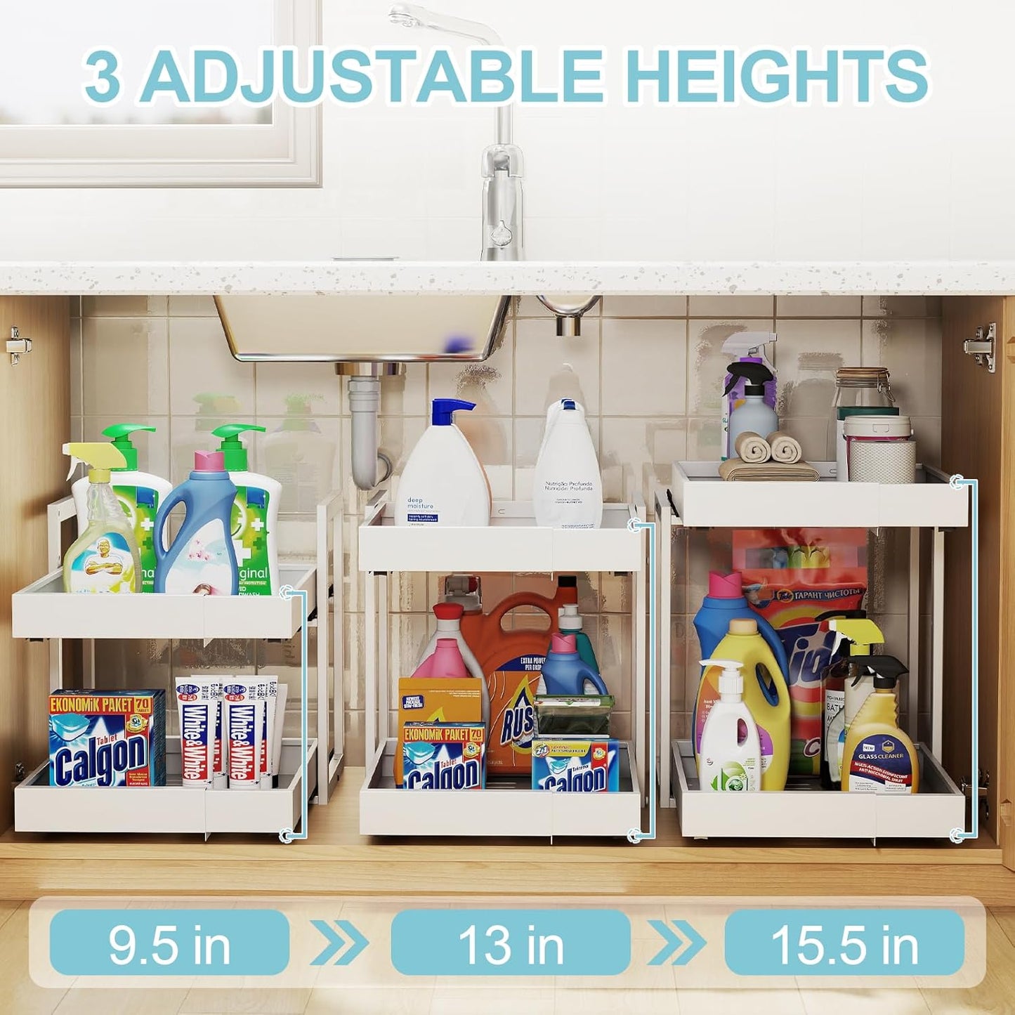 2-Tier Expandable Pull Out Cabinet Organizer - Slide Out Drawers for Kitchen Cabinets