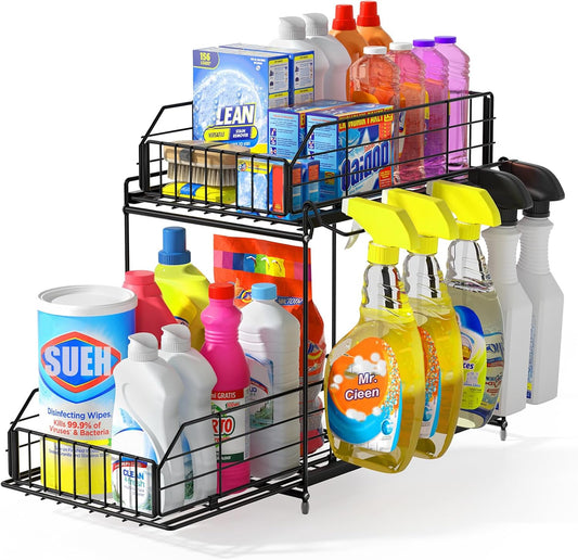 Under Sink Organizer, 2 Tier Bathroom Cabinet Organizer Metal Kitchen Sink Organzier with Hanging Rail for Kitchen Bathroom Organization and Storage, 1 Pack