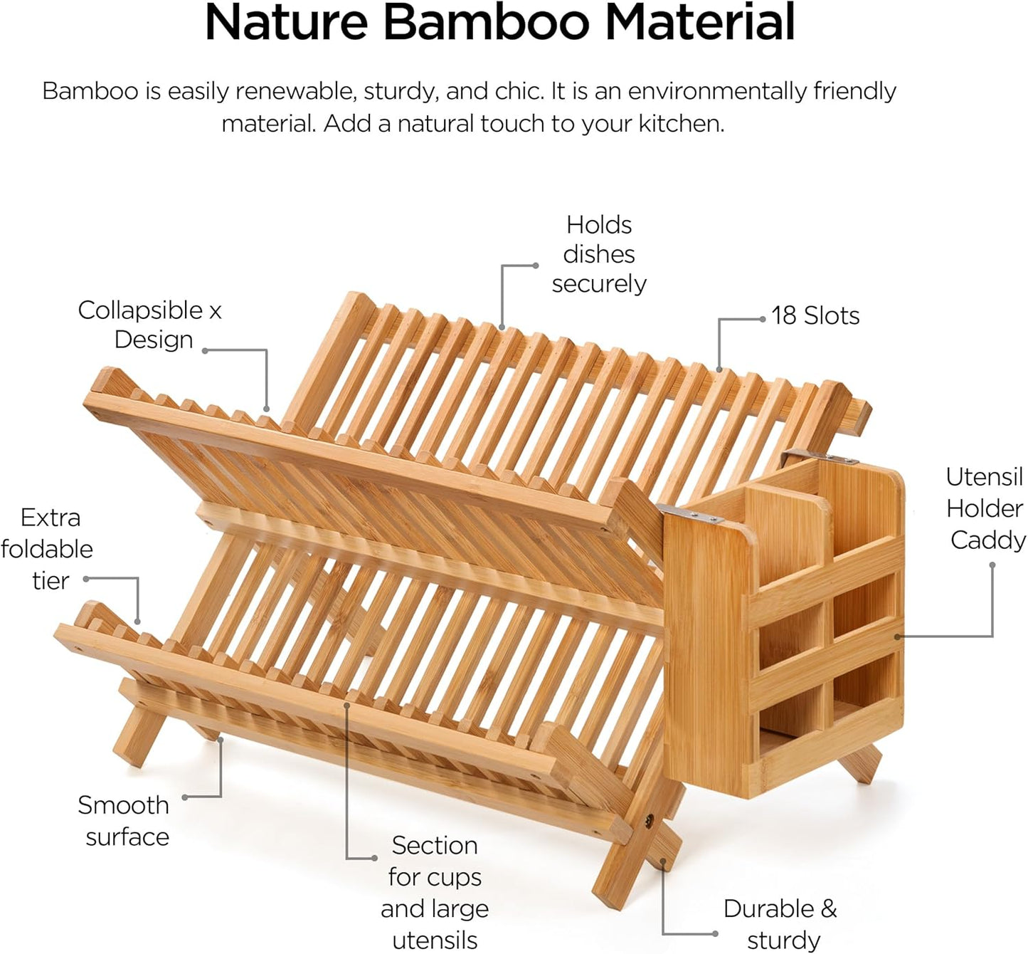 Bamboo Dish Drying Rack with Utensil Holder, 2 Tier Collapsible Dish Rack for Kitchen Counter