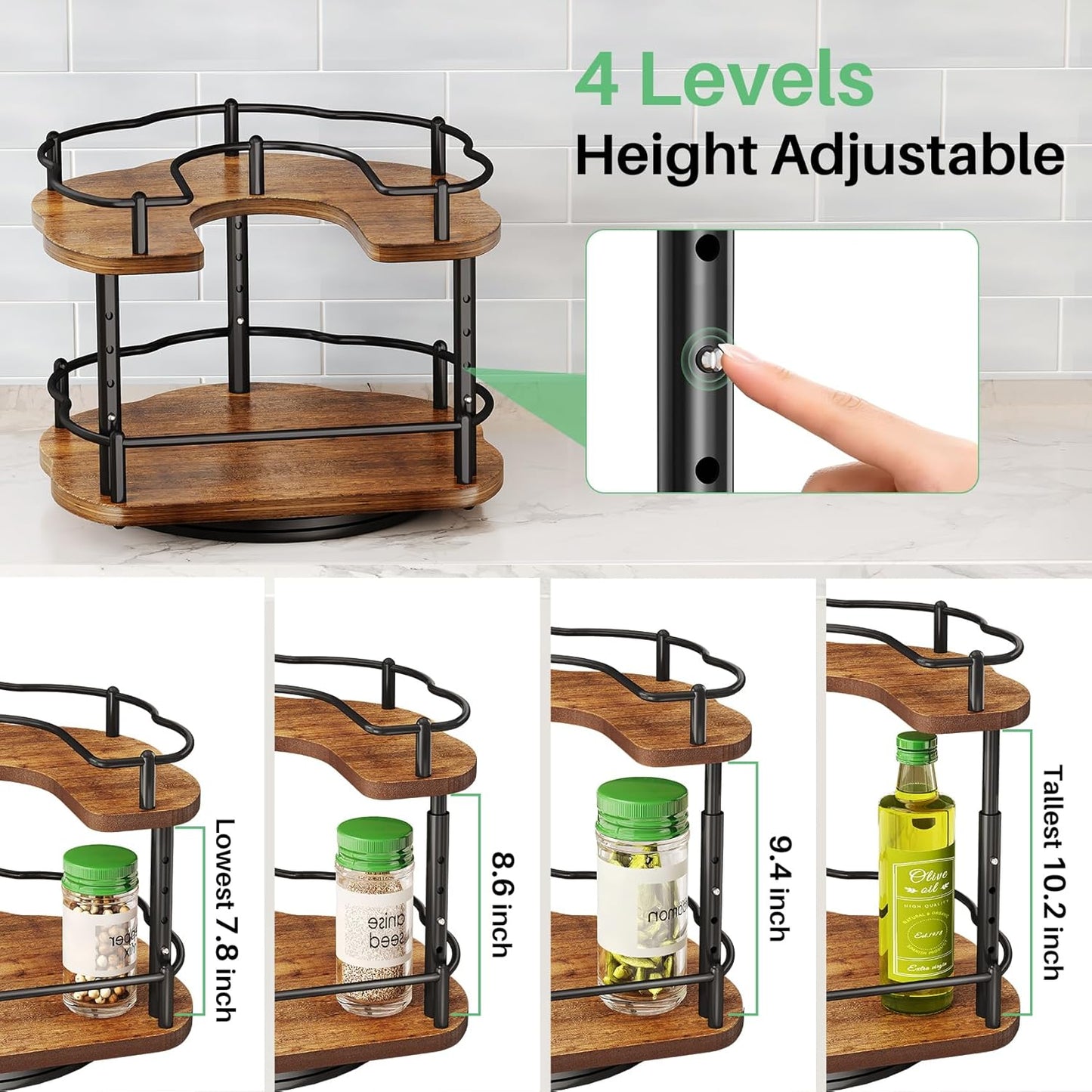 Spice Rack Organization for Cabinet - Height Adjustable Rotating Lazy Susan Organizer