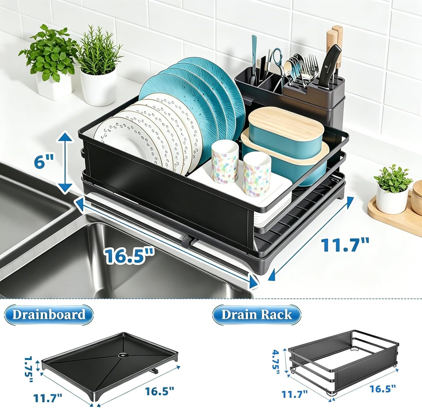 Dish Drying Rack, Dish Drainer for Kitchen Counter, Dish Rack with Tray for Large Capacity, Black