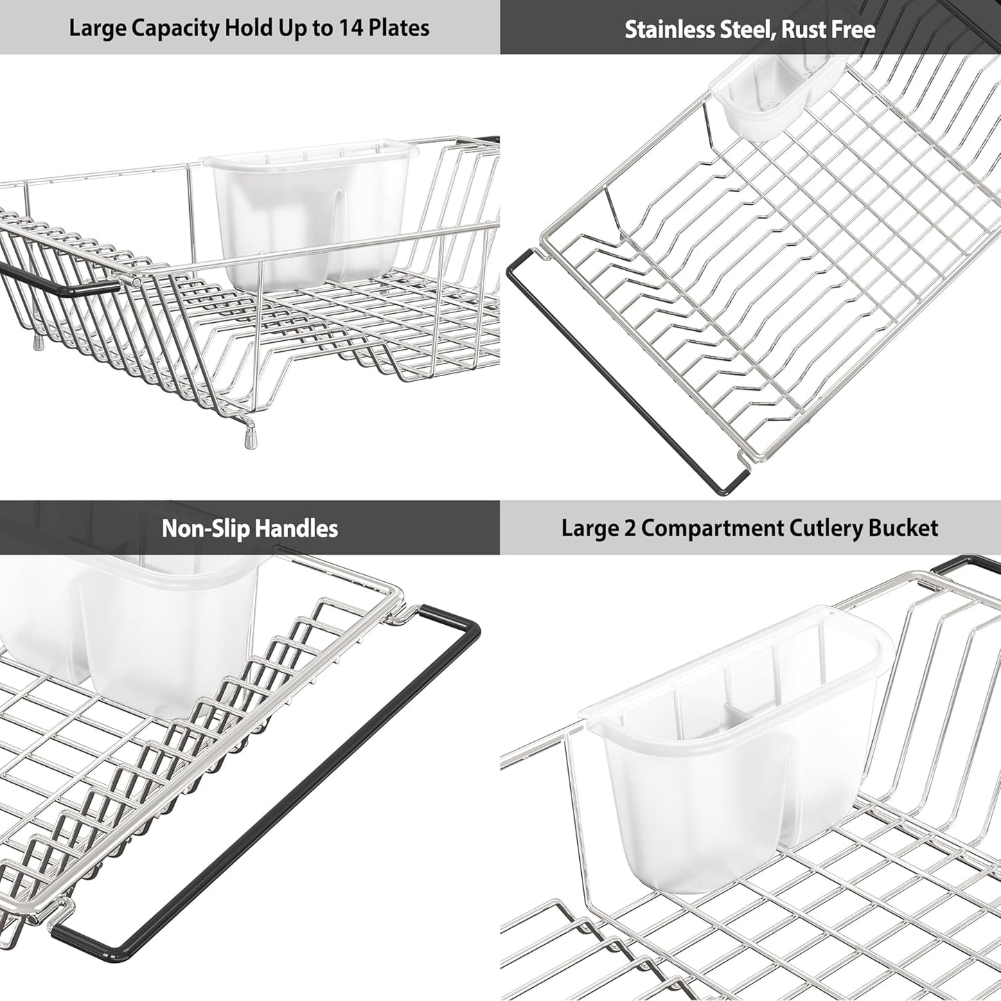 Large Over Sink Counter Top Stainless Steel Dish Drainer Drying Rack with Utensil Holder, Chrome