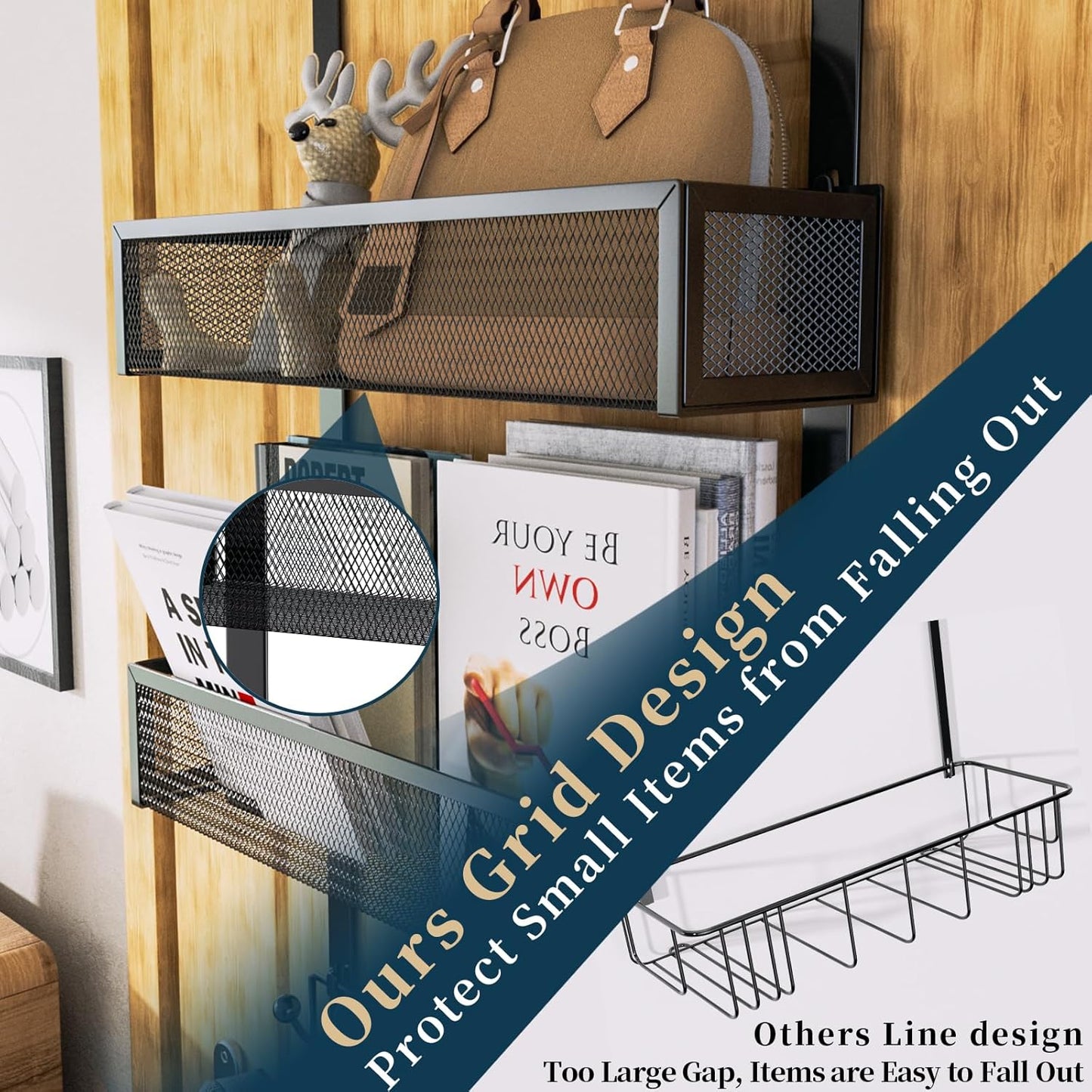 Over The Door Hooks Organizer - Extra Long Door Hanger with 9 Coat Hooks & 2 Mesh Basket