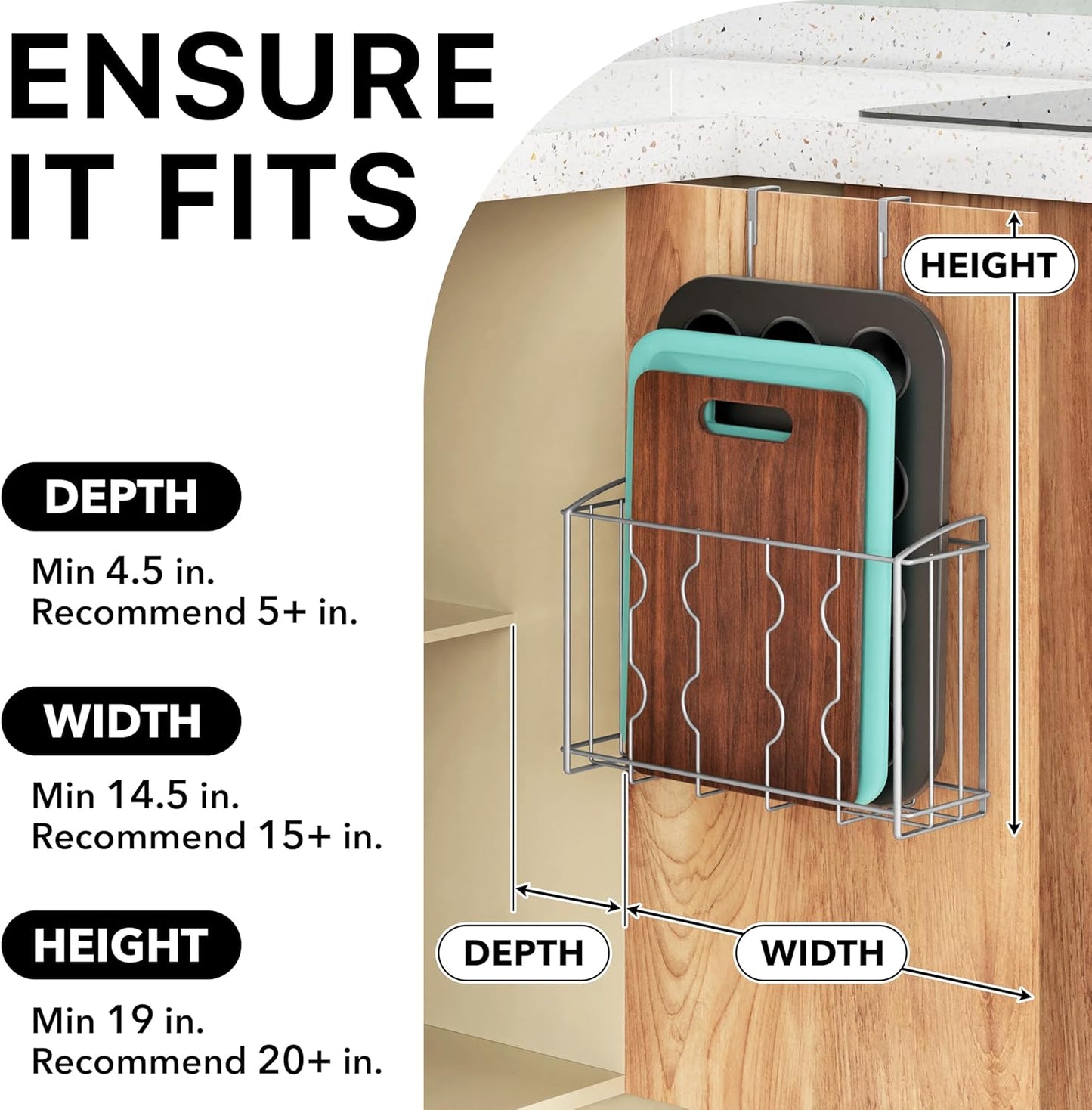 Over the Cabinet Door Organizer Holder 2 Pack 13.5" Wx4.25 Dx18.5 H and 12.5" Wx3.6 Dx18.5 H Silver