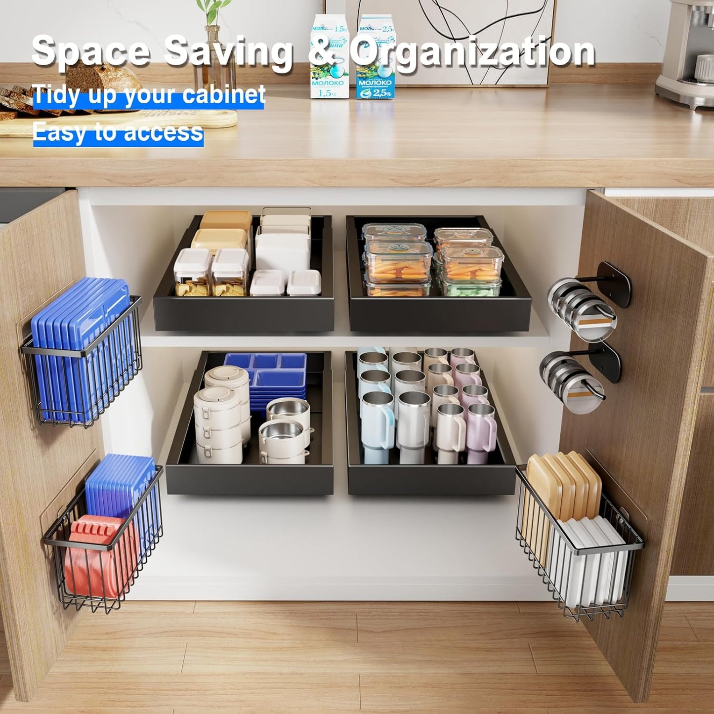 4 Pack Adhesive Cabinet Door Organizer, Lid Organizers Inside Cabinet Food Container/Tumbler Lid Organizer and Storage Cup Lids Holder for Kitchen & Bathroom Wall Mounted(Black)