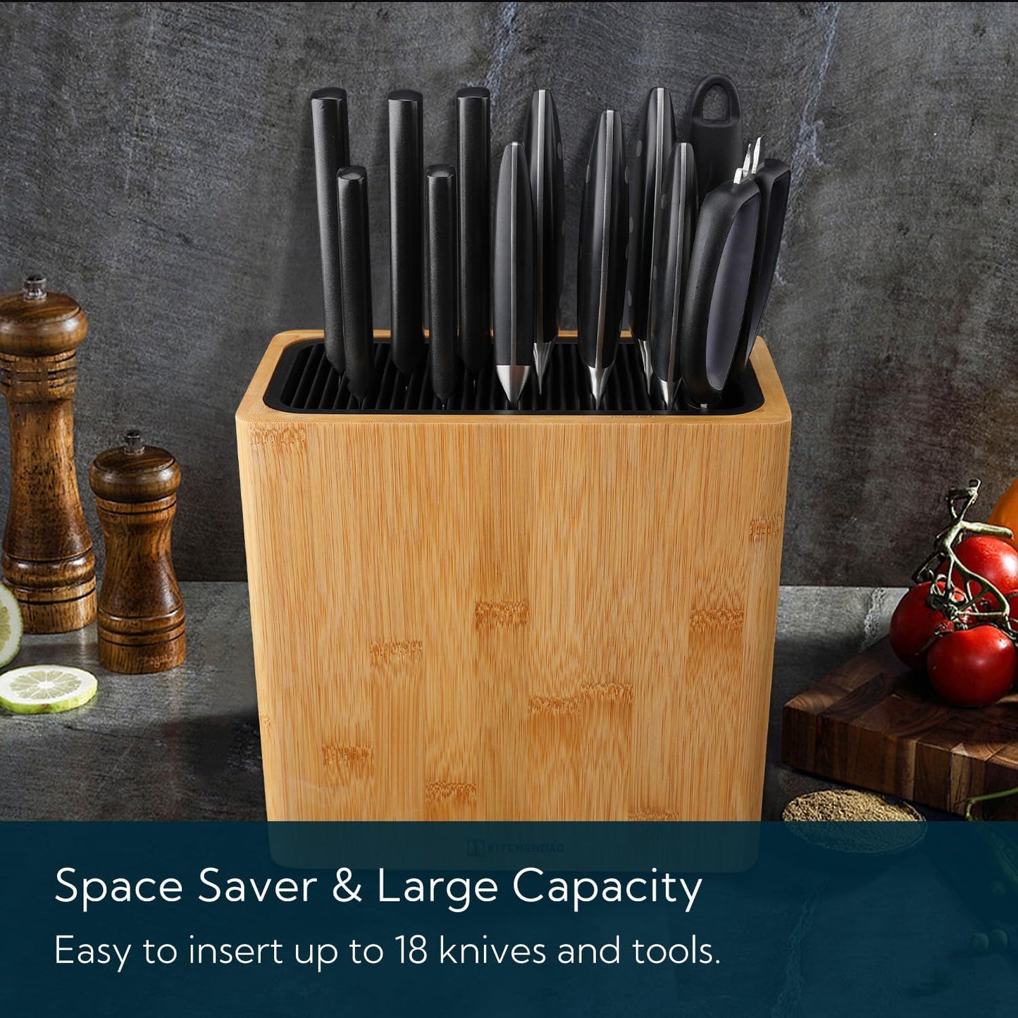 XL Bamboo Universal Knife Block Holder with Slots for Scissors and Sharpening Rod, Safe