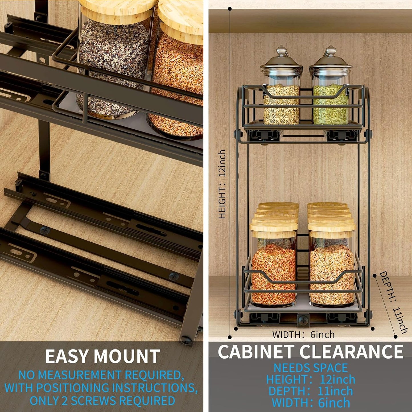 Spice Rack Organizer for Cabinet, 2 Tier Pull Out Spice Organizer for Cabinet Height Adjustable Heavy Duty Metal Basket for Inside Cabinets & Pantry Closet (5.5''Wx10.5''Dx9.5''H)