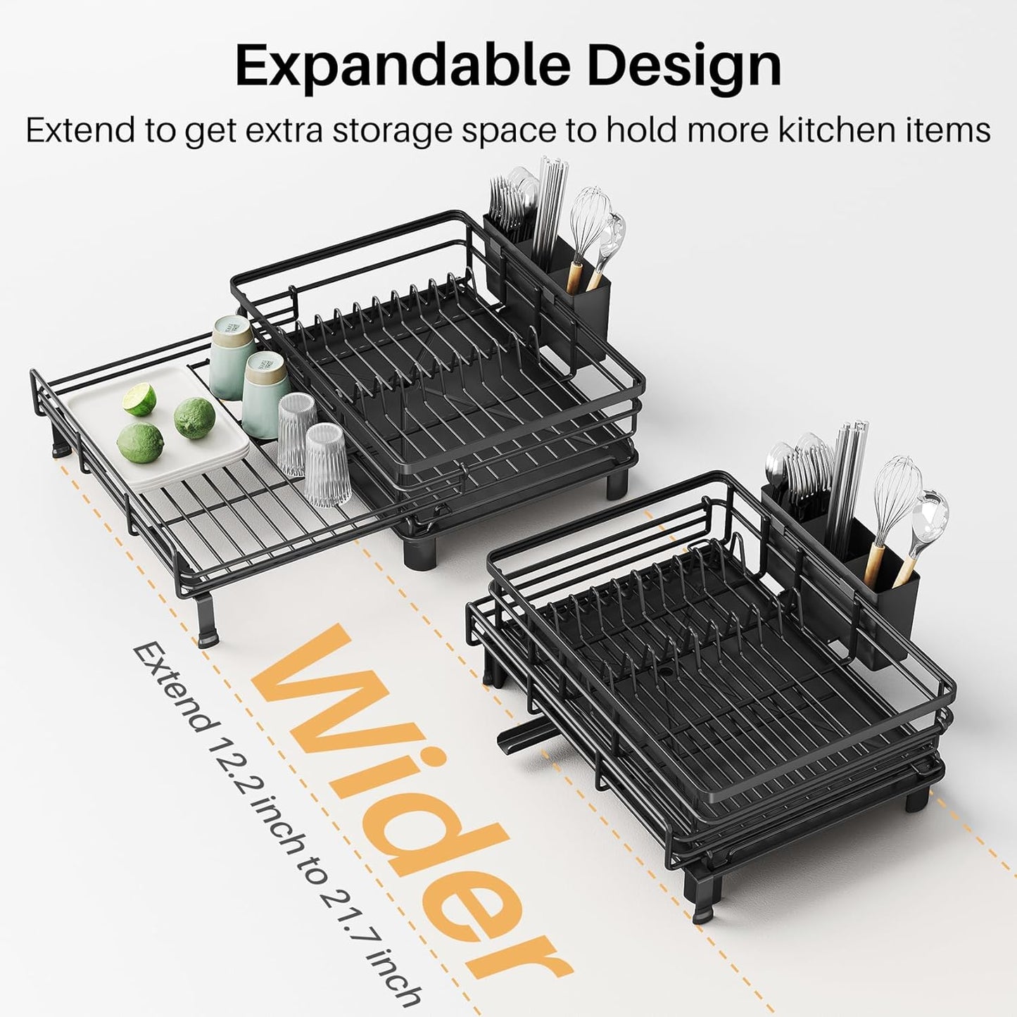 Dish Drying Rack - Extendable Dish Rack, Large Sink Drying Dish Drainer for Kitchen Counter