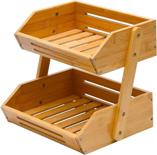 Fruit Basket, 2 Tier Bamboo Fruit Basket for Kitchen, 11" Tall Fruit Stand Storage Holder