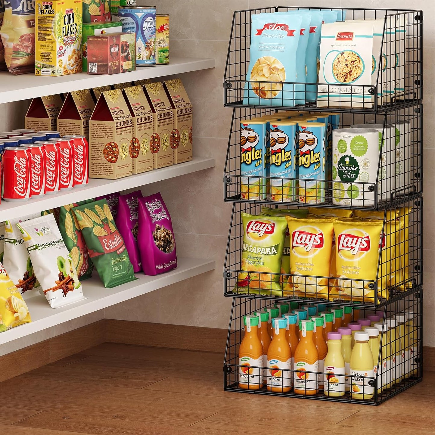 4 Pack XXL Stackable Wire Storage Basket, Extra Large Capacity Pantry Organizer and Storage