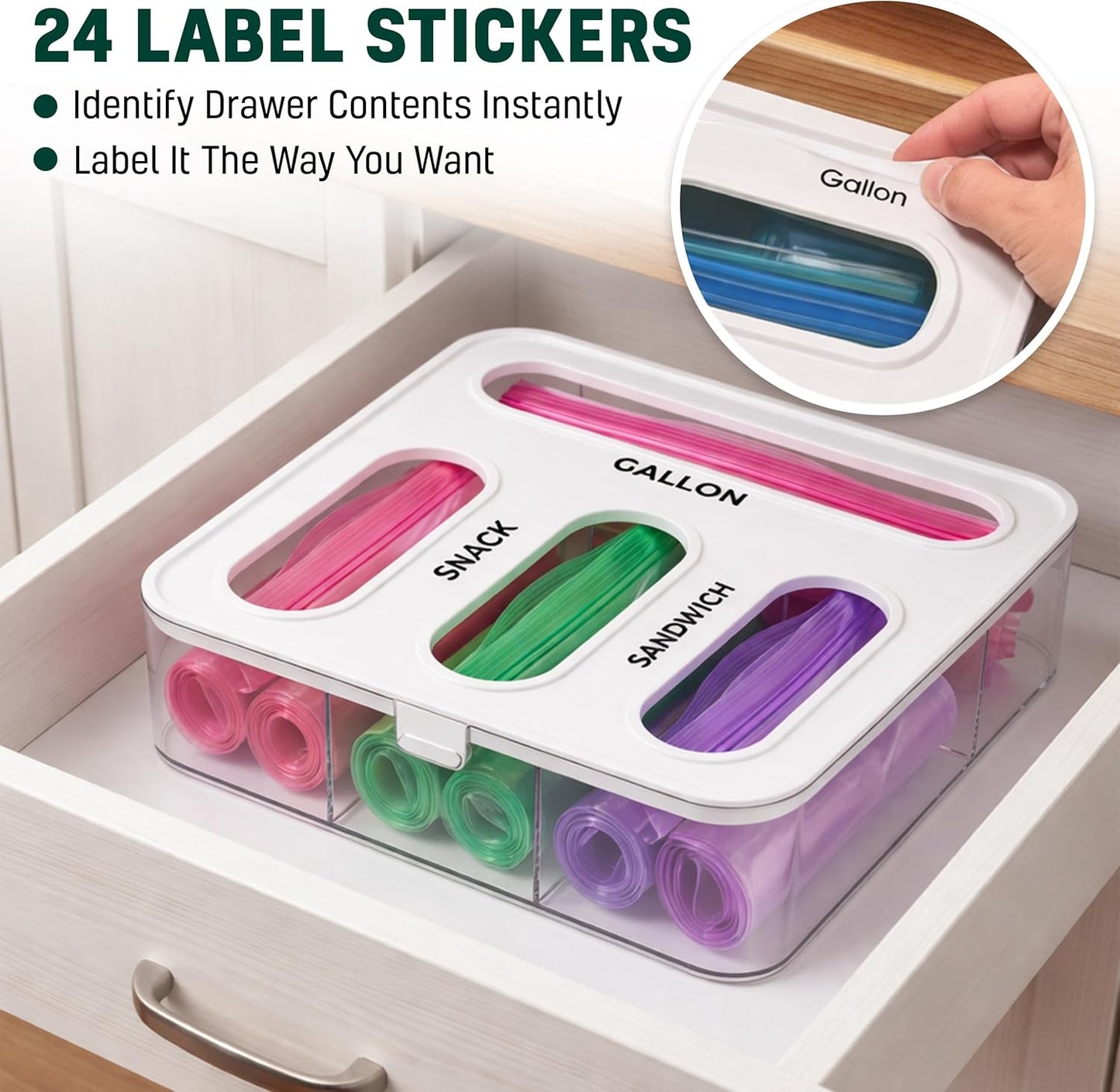 Food Storage Bag Organizer - 4 in 1 Plastic Baggie Organizer for Drawer | Compatible with Sandwich