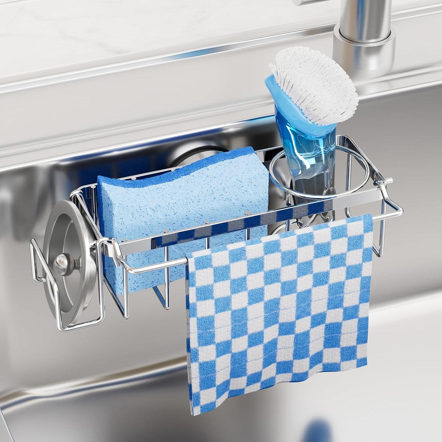 4-in-1 Sink Caddy with Strong Suction Cup, Sponge Holder for Kitchen Sink Organizer, Removable
