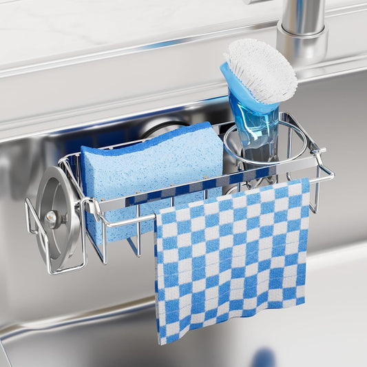 4-in-1 Sink Caddy with Strong Suction Cup, Sponge Holder for Kitchen Sink Organizer, Removable