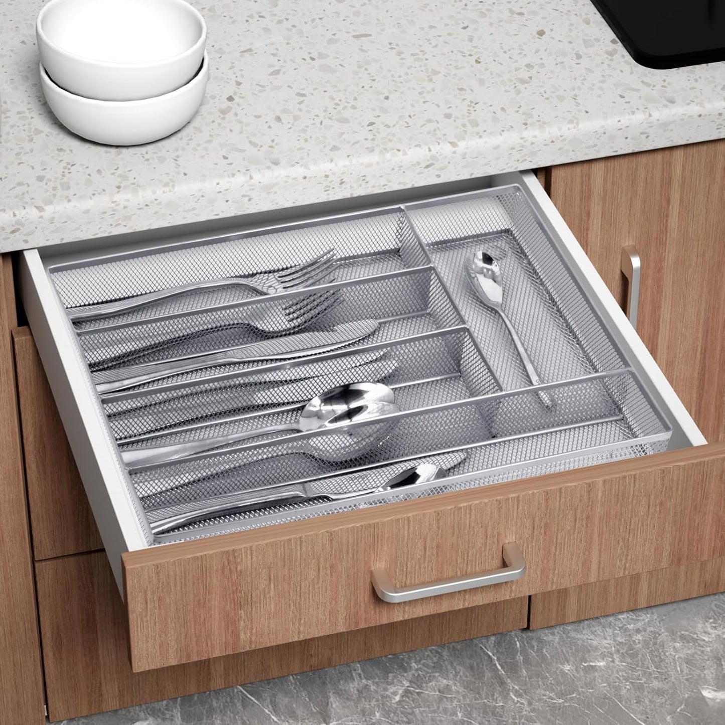 Silverware Drawer Organizer Holder, Cutlery Tray Silverware Flatware Storage Divider for Kitchen