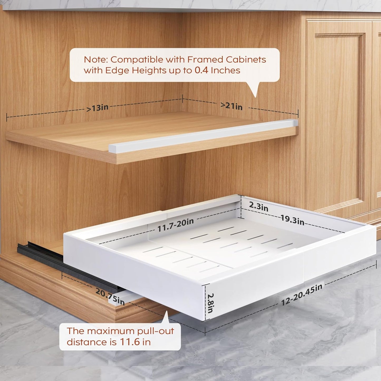 2 Pack Pull Out Cabinet Organizers 21"Deep with Raising Pad for Framed Cabinets,Expandable Slide Out Drawers Upgrade 3 Slide Rails,Roll Out Shelves Adhesive,Adjustable Width 12"-20.45" White