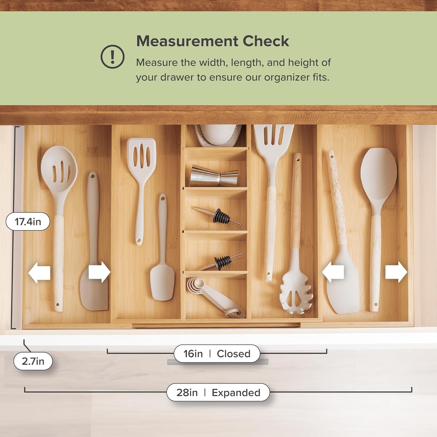 Adjustable Bamboo Kitchen Drawer Organizer for Utensils and Junk, Expandable to 28 inches Wide