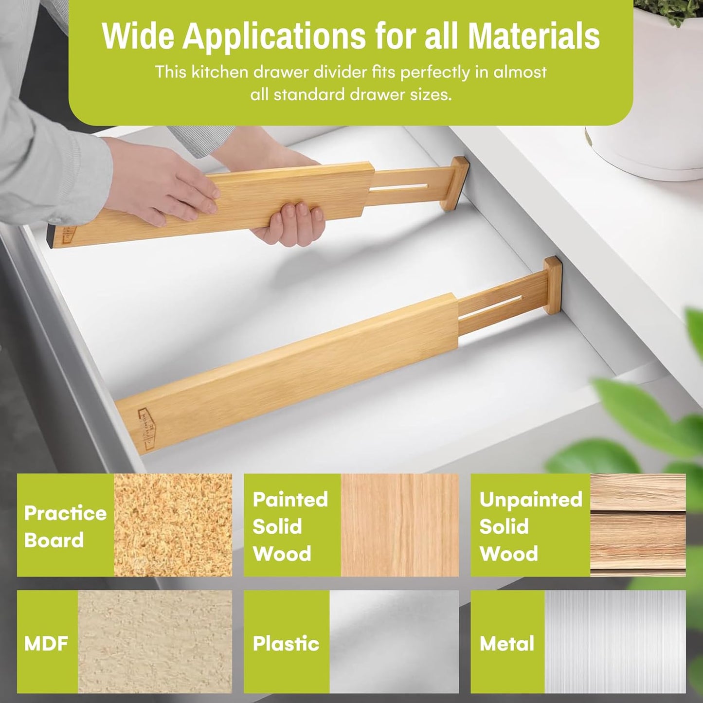 Bamboo Drawer Dividers Adjustable & Expandable, Kitchen Drawer Organizer, Ideal for Silverware