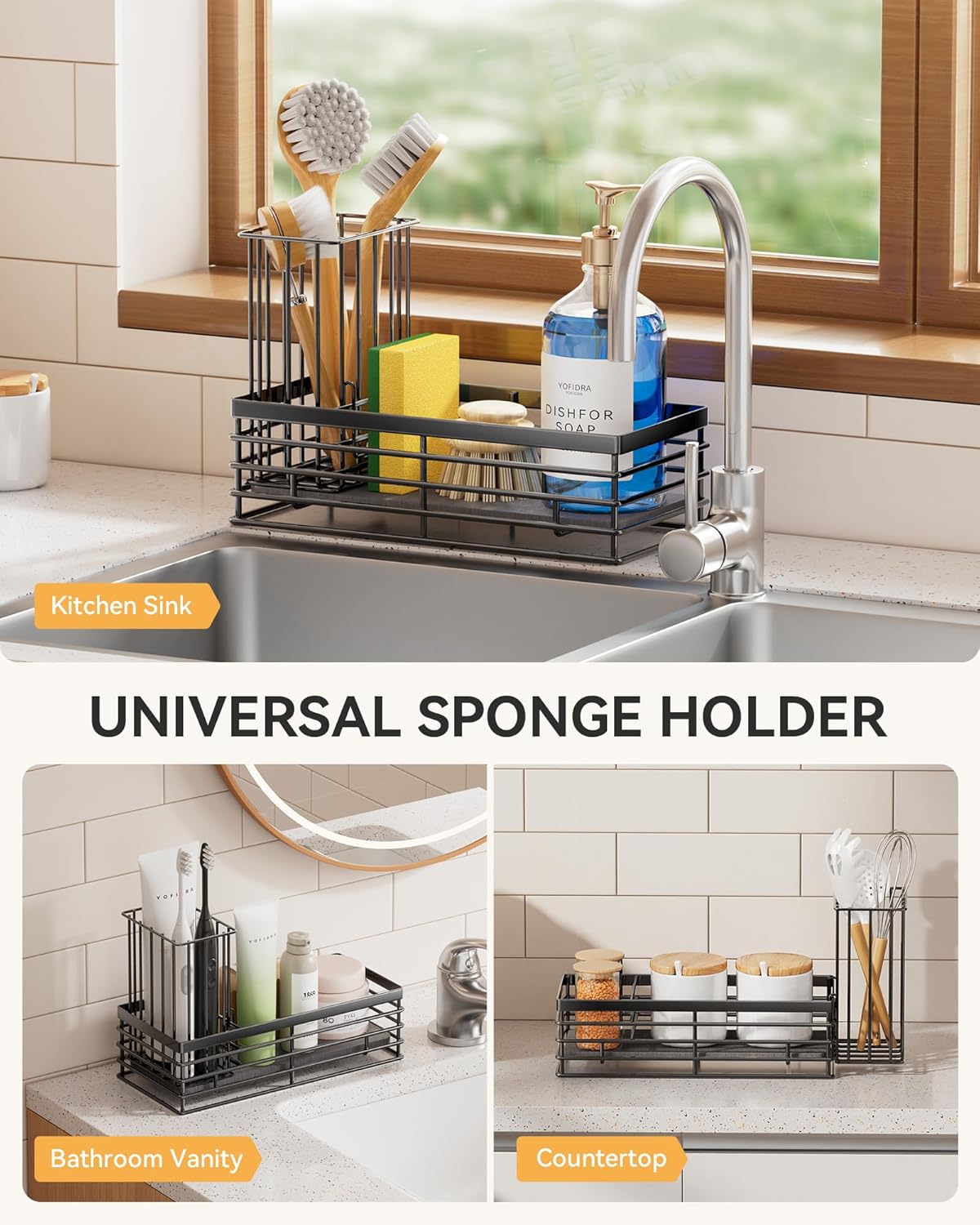 Sponge Holder for Kitchen Organizer: Sink Caddy with Instant Drying Stone, Metal Stainless Steel