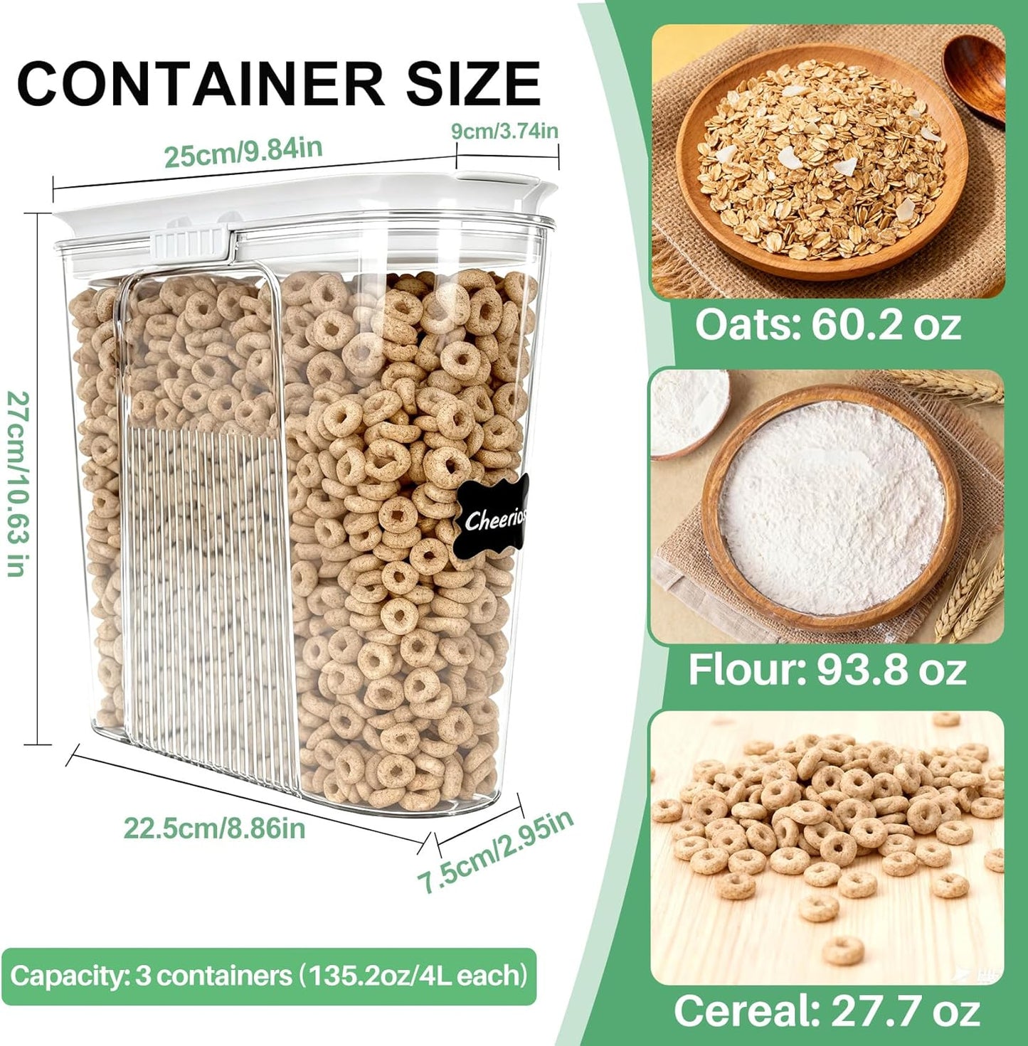 Cereal Containers Storage, 3 PCS PET Airtight Food Storage Containers With Lids (4L/135.2oz) For Kitchen Pantry Cabinet Organization, Plastic Clear BPA-Free Canister Set For Dry Food Flour Sugar Rice