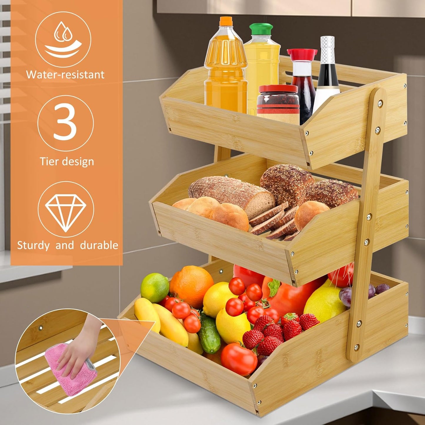 Fruit Basket for Kitchen Counter, 3 Tier Fruit Stand, Fruit Vegetable Storage Basket
