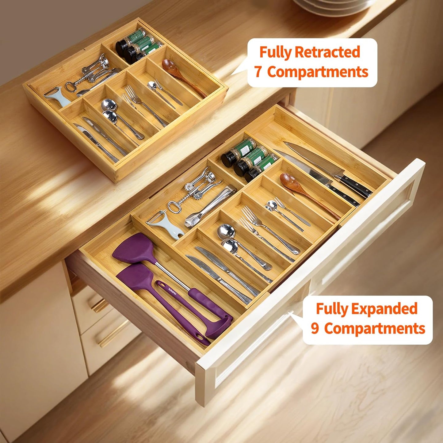 Extra Large Kitchen Drawer Organizer, Expandable Bamboo Drawer Holder for Utensils, Silverware