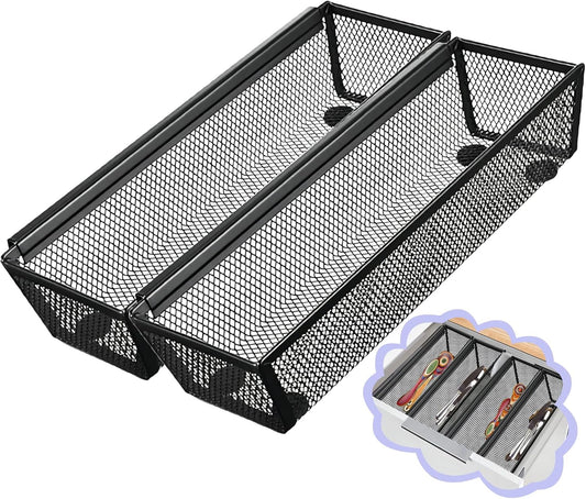 2PCS Drawer Organizer for Kitchen,Utensil Mesh Drawer Organizer with Interlocking Arm for Cosmetic,Flatware,Pen (9 * 3 * 2 Inches,Black)