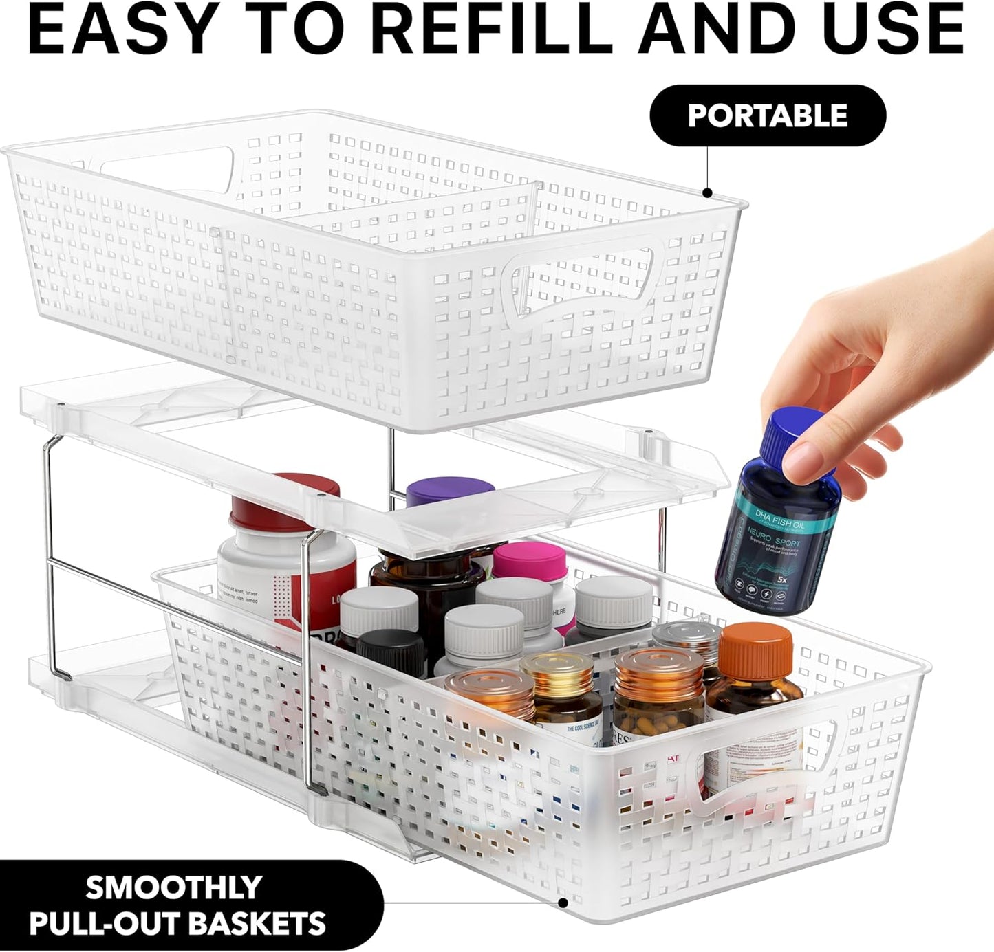 2 Tier Bathroom Organizer Tray Pull-Out Sliding Drawer/Under-Sink Storage, Clear