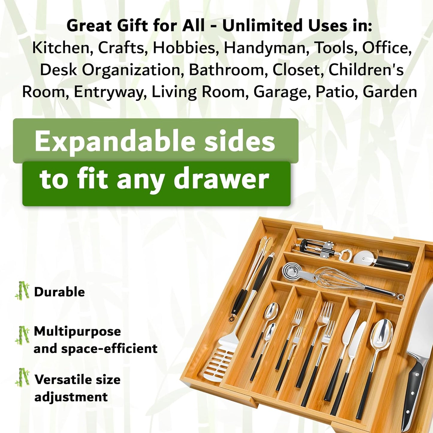Bamboo Kitchen Drawer Organizer, Expandable Wood Utensil Tray