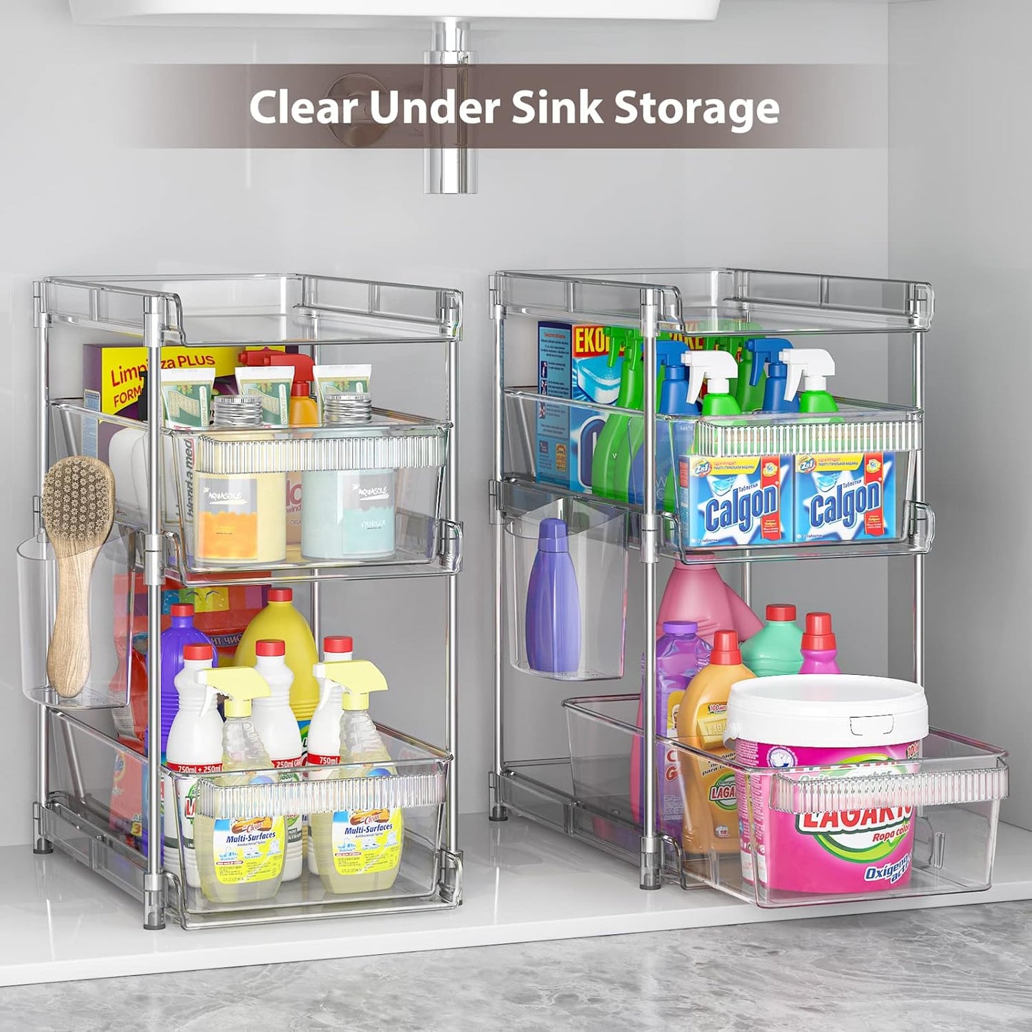 Clear Bathroom Organizers 2 Sets 3 Tier, Pull Out Organizer and Storage with 2 Cups