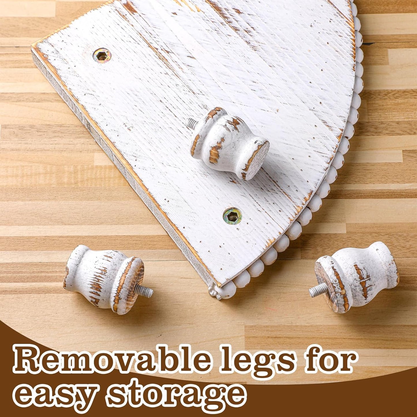 2 Tiered Corner Riser for Kitchen Counter Wood Beaded Corner Shelf White Wash Countertop Bathroom Counter Organizer Rustic Decorative Pedestal Stand with Removable Feet for Kitchen Coffee Bar