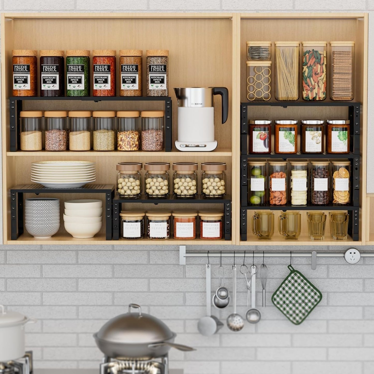 Expandable Spice Rack Kitchen Cabinet Shelf Organizer, Stackable Storage Shelves Racks