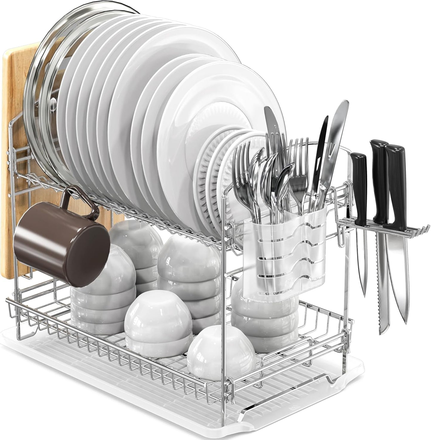 2-Tier Stainless Steel Dish Rack with Drainboard, Chrome for Kitchen