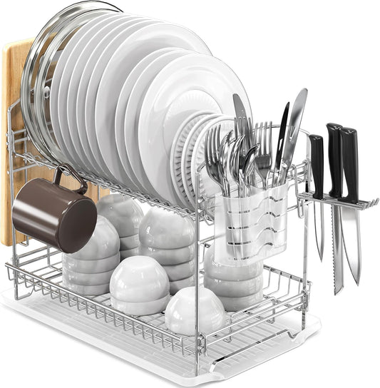 2-Tier Stainless Steel Dish Rack with Drainboard, Chrome for Kitchen