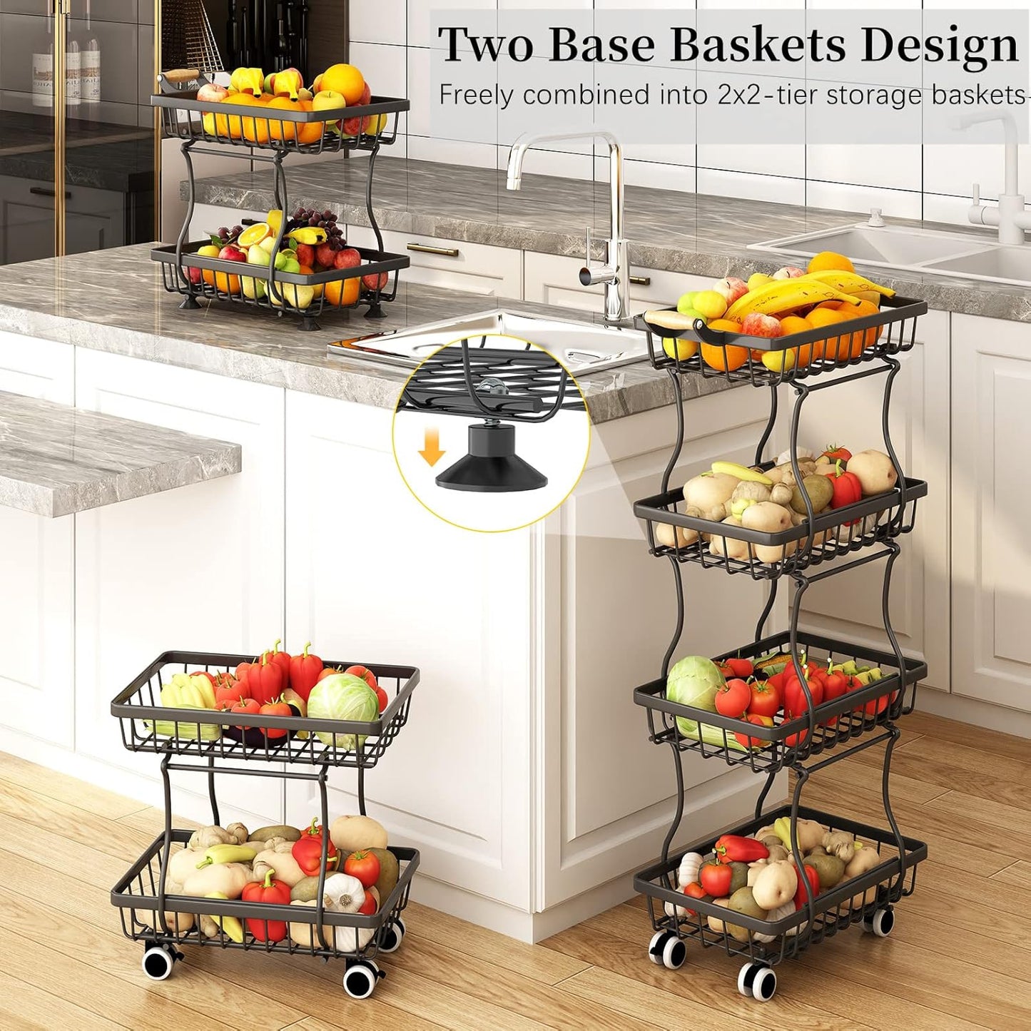 4 Tier Slim Fruit Basket for Kitchen, Stackable Metal Wire Fruit Vegetable Storage Baskets Organizer Stand on Wheels, Produce Basket Potato Onion Storage Bins Rack for Pantry. (Black)