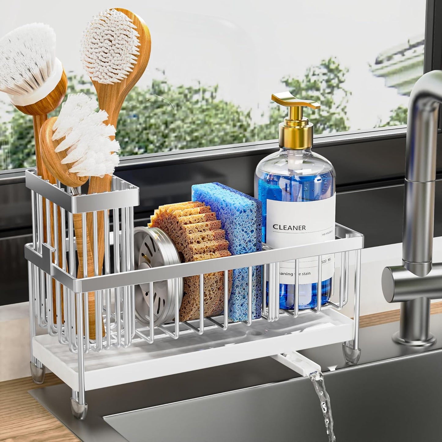 Sponge Holder for Kitchen Sink, Sink Caddy Organizer with High Brush Holder