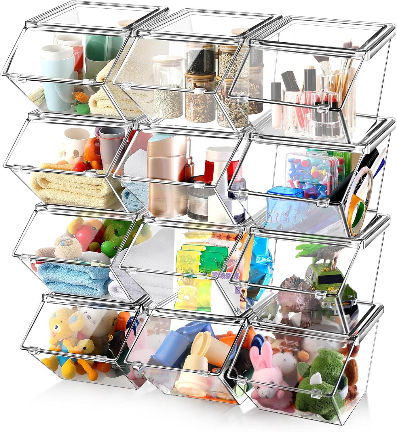 12 Pcs Clear Plastic Storage Bins with Lids Large Stackable Pantry Storage Organizer Bins Kitchen Organization Cabinet Organizers Ideal Containers for Fridge, Kitchen, Cabinets (Clear)