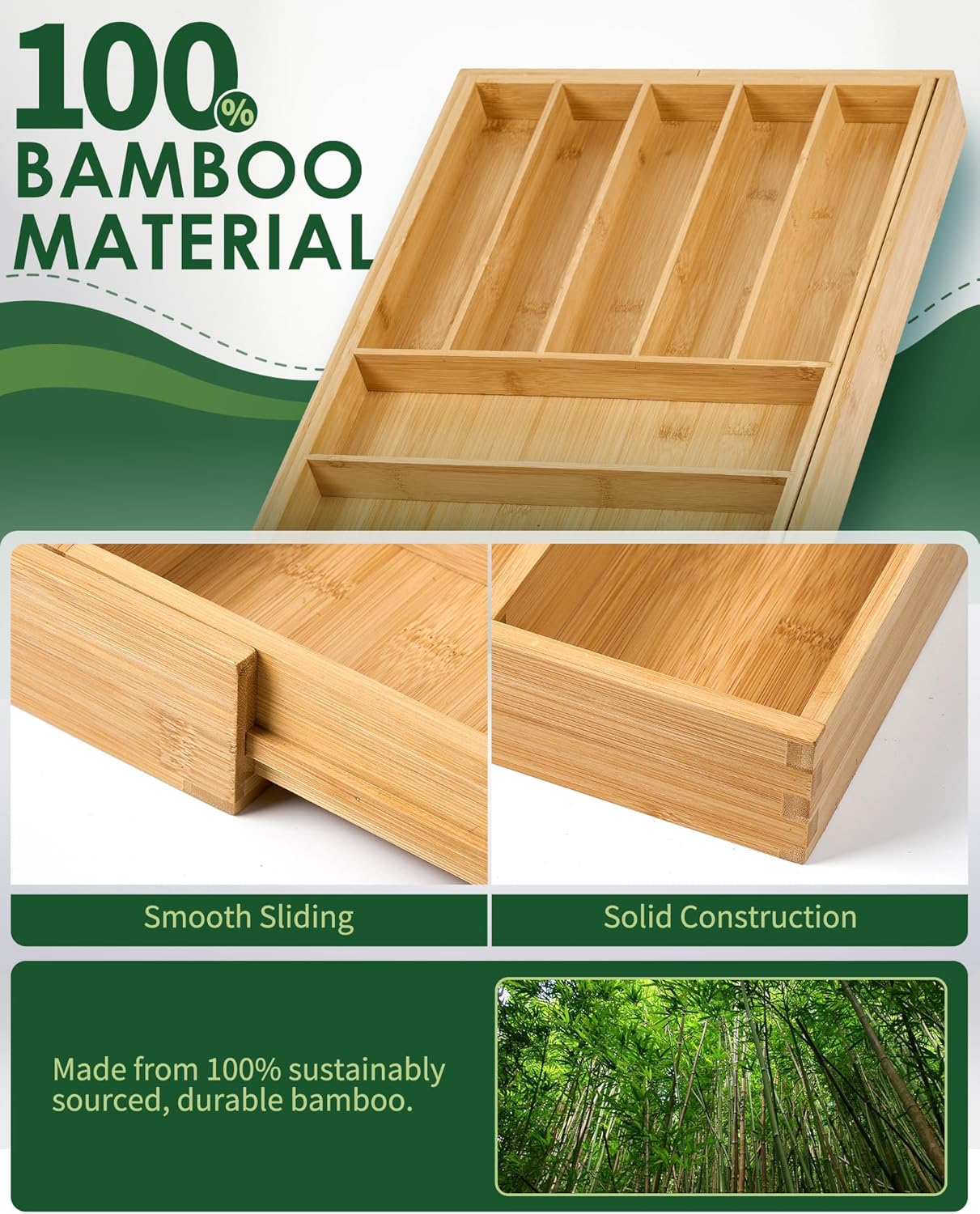 Premium Bamboo Expandable Drawer Organizer