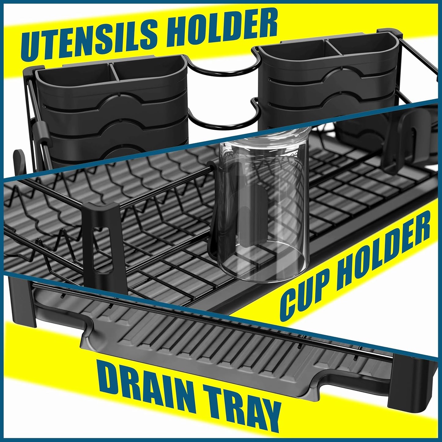 Dish Drying Rack with Drainboard, Utensil Holder & Mug Hooks, Black Metal Kitchen Counter Organizer