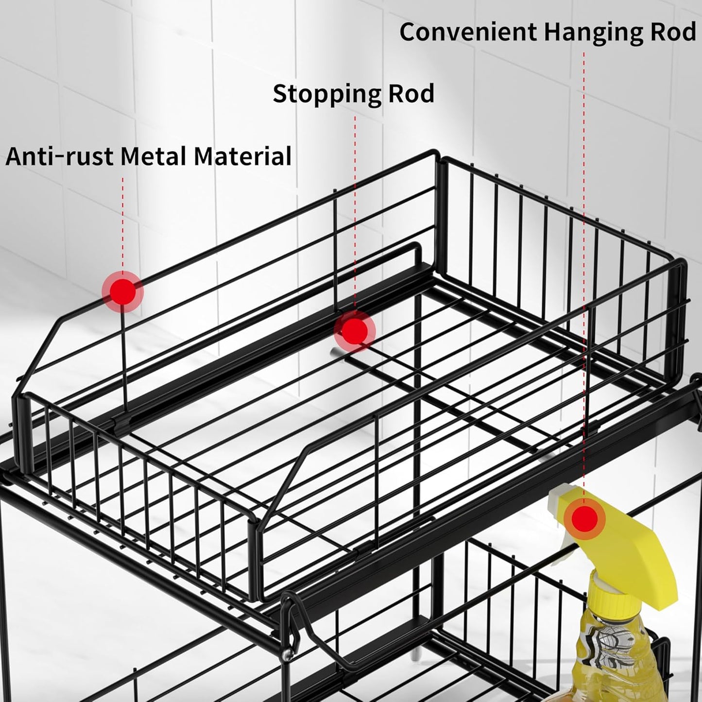 Under Sink Organizer, 2 Tier Bathroom Cabinet Organizer Metal Kitchen Sink Organzier with Hanging Rail for Kitchen Bathroom Organization and Storage, 1 Pack